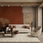 Stylish modern living room showcasing minimalist design in warm earth tones.